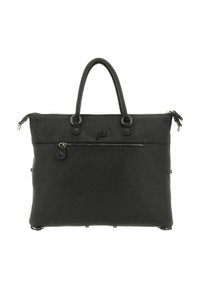 Borsa tote nera in pelle con finitura testurizzata, manici superiori doppi, tasca con zip frontale e dettagli in metallo. Forma piatta e strutturata.