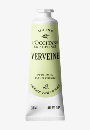 Tube de crème pour les mains parfumée L'Occitane en Provence Verveine avec une étiquette vert clair et un bouchon blanc, taille 30 ml.