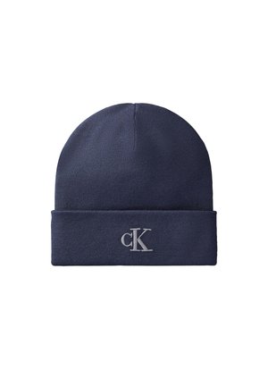 Granatowa dziana czapka z podwiniętym mankietem, z haftowanym jasnoszarym logo "cK" z przodu na środku.