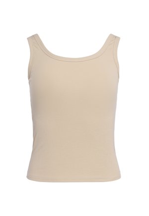 Beige ribbet ærmeløs top med brede stropper og rund hals, vist på hvid baggrund.