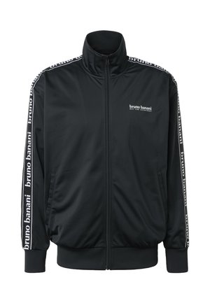 Sort lynlåstræningsjakke med høj krave, mærket med "bruno banani" tekst på brystet og langs ærmestriberne i hvid.