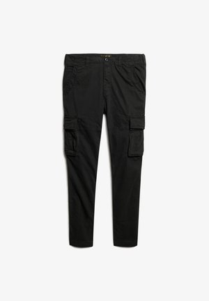 Sorte cargo bukser lavet af bomuld, med flere sidelommer, lynlås og syede sømme. Lige ben design med en glat tekstur.