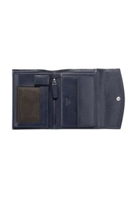 Cartera de cuero azul marino con textura suave, cuenta con múltiples ranuras para tarjetas, ventana transparente para identificación, bolsillo con cremallera y cierre de broche.