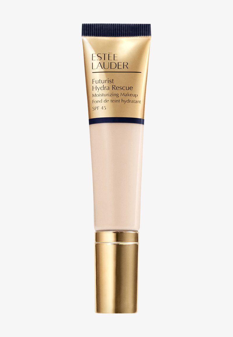 Estée Lauder Futurist Hydra Rescue -tuubi, beige-kultaisilla ja laivastonsinisillä korostuksilla, sisältää kosteuttavan meikin, SPF 45, jossa on sileä koostumus.