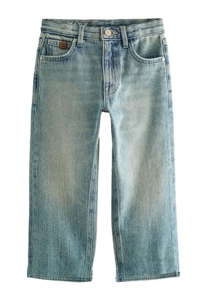 Vaqueros vaqueros azul claro descoloridos con corte de pierna recta, cierre frontal con botones, trabillas para cinturón y diseño de cinco bolsillos.