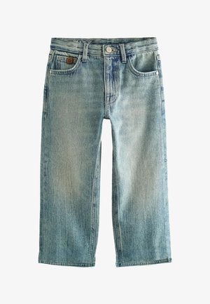 Vaqueros vaqueros azul claro descoloridos con corte de pierna recta, cierre frontal con botones, trabillas para cinturón y diseño de cinco bolsillos.