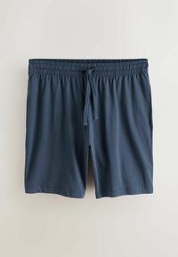 Shorts bleu marine à taille élastique avec cordon ajustable, fabriqués en tissu doux, présentés sur un fond clair uni.