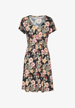 Musthave mustreeninguga mustale mustliistega seelik, millel on roosad ja kollased lilled. V-kujuline kaelus ja vöökoht on rõhutatud sõlmepurdiga. Pehme kangas.