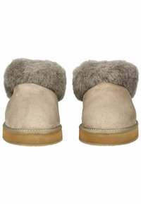 Beige suede slippers with a plush gray faux fur cuff. Rounded shape, soft texture, and a tan rubber sole with a braided edge detail.