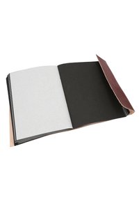 Leather-bound notebook with a brown cover, featuring black and gray blank pages. The spine is exposed, showcasing the binding details.
