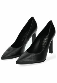Scarpe nere con tacco alto e design a punta, realizzate in pelle texturizzata, dotate di tacco a blocco e fodera interna liscia.