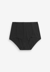 Hochgeschnittene schwarze Baumwollunterwäsche mit glatter Textur, elastischem Bund und Spitzenbesatz entlang der Ränder. Mit einer kleinen Schleifenakzentierung.
