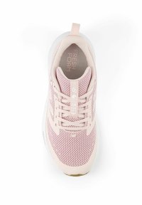 Light pink athletic shoe featuring a breathable mesh upper, lace closure, padded collar, and white cushioned sole with a textured pattern.