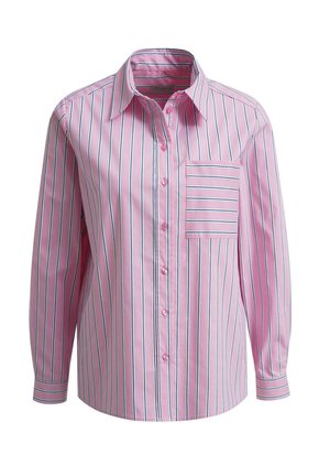Long-sleeve pink button-up shirt with vertical black and white stripes and a matching striped chest pocket on a white background.