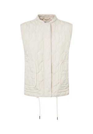 Gepolsterte cremefarbene Weste mit hohem Kragen, zwei vorderen Taschen und verstellbarem Kordelzugsaum. Glatte Textur und dezente Steppnahtdetails.