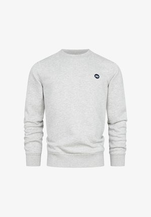 Grå hettegenser med lange ermer, rund hals, ribbestrikkede mansjetter og nederkant, med en liten marineblå logo på venstre bryst. Myk bomullsblanding.