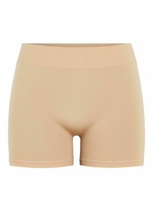 Beige slim fit shorts met een geribde tailleband, gemaakt van gladde stof. Ze hebben een middellange snit tot boven de dij en minimale naden.