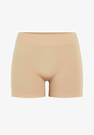 Beige lyhyet housut, joissa on ribattu vyötärö, valmistettu sileästä kankaasta. Ne ovat keskipituiset ja niissä on minimaalinen sauma.