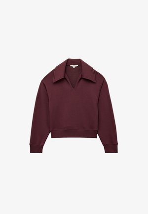 Bordeaux cropped sweatshirt met een V-hals en grote kraag. Gemaakt van zachte stof, met lange mouwen en geribde manchetten.
