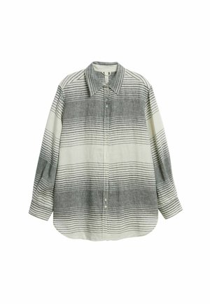 Overhemd met lange mouwen en knopen, met brede grijze en witte horizontale strepen en een puntige kraag.