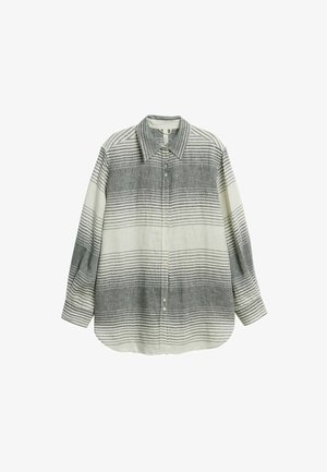 Overhemd met lange mouwen en knopen, met brede grijze en witte horizontale strepen en een puntige kraag.