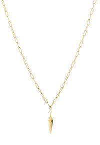 Collier en chaîne dorée avec des maillons allongés et un pendentif géométrique pointu suspendu au centre sur fond blanc.