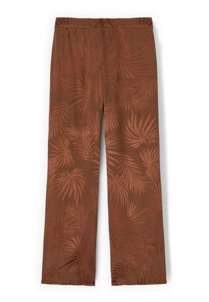 Pantalones marrones de pierna ancha con cintura elástica y una textura sutil de patrón de hojas de palma en todo el tejido.