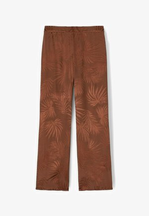 Pantaloni marroni a gamba larga con vita elasticizzata e motivo sottile a foglie di palma su tutto il tessuto.