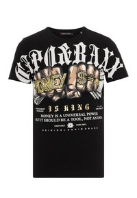 Schwarzes T-Shirt mit kurzen Ärmeln, das mit auffälligem Grafikdruck von Fäusten, goldenen Dollarsymbolen und Text versehen ist. Material: Baumwolle. Rundhalsausschnitt.