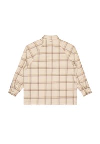 Beżowa koszula z długim rękawem w kratę w kolorach fioletowym i brązowym. Posiada wysoki kołnierz i mankiety na guziki. Miękki materiał o luźnym kroju.