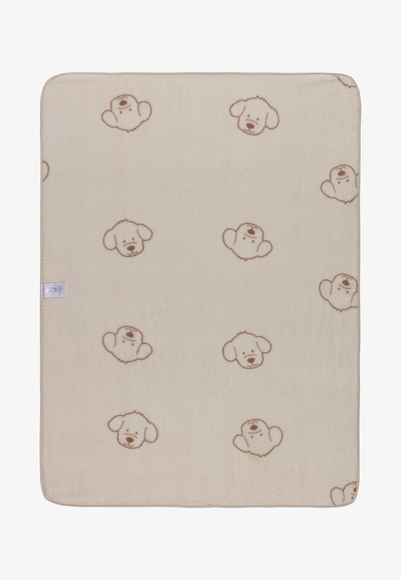Beige blanket with soft texture featuring a repeating pattern of light brown dog heads. Edges are stitched, and tag visible in the corner.