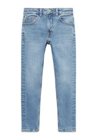 Svetlo modri jeans s ožjim krojem, ki imajo pet žepov, gumbasto zapiranje in subtilno zbledenje za teksturo. Dolgi hlačnici, ravno krojenje.
