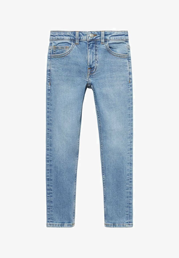Blugi din denim de culoare albastru deschis, cu o croială slim, care au cinci buzunare, închidere cu buton și o ușoară decolorare pentru textură. Pantaloni lungi, cu croială dreaptă.