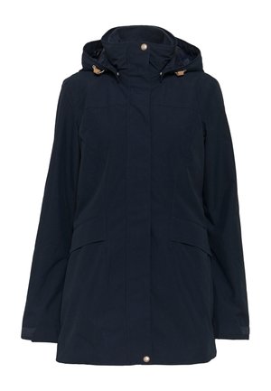 Marineblauer Regenmantel mit Kapuze, Frontreißverschluss, Druckknöpfen, verstellbaren Kordelzügen an der Kapuze und zwei vorderen Patztaschen.