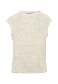 Top color crema con un motivo texturizzato e ondulato, e maniche corte. Collo rotondo, tessuto morbido e vestibilità leggermente rilassata.