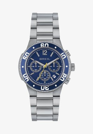 Srebrny metalowy zegarek chronograficzny z niebieską tarczą, białymi cyframi, żółtą wskazówką sekundową i stalową bransoletą. W zestawie regulowany zapięcie.