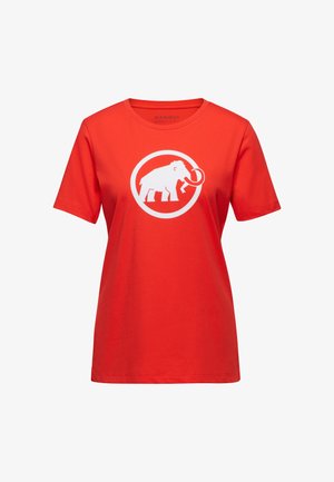 Rød bomulds T-shirt med et stort hvidt mammut-logo omkranset af en tynd hvid ring. Korte ærmer og klassisk rund hals design.