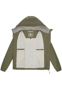 Olijfgroene jas met een grijze binnenkant, voorzien van een capuchon, ritssluiting en twee borstzakken. Inclusief elastische manchetten en een aangescherpte onderkant.