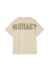 Kurzes beiges T-Shirt mit einem großen verwitterten "VARHART"-Druck auf der Rückseite. Aus weichem Stoff mit relaxed Fit und Rundhalsausschnitt.