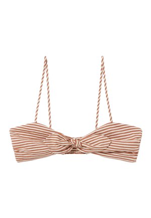 Top bikini bandeau a righe in ruggine e crema, con spalline regolabili e dettaglio annodato sul davanti. Tessuto morbido con design aderente.