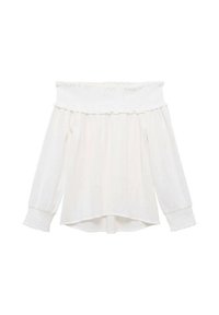 Blusa bianca scollata con un collo elastico testurizzato, bordo a volant, maniche lunghe e vestibilità ampia. Presenta dettagli a pieghe sui polsini.