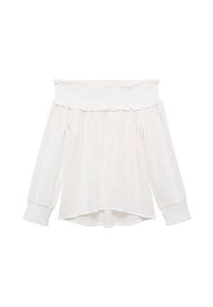 Off-shoulder witte blouse met een gestructureerde elastische halslijn, rimpelrand, lange mouwen en een losse pasvorm. Kenmerkt pintuck-details bij de manchetten.