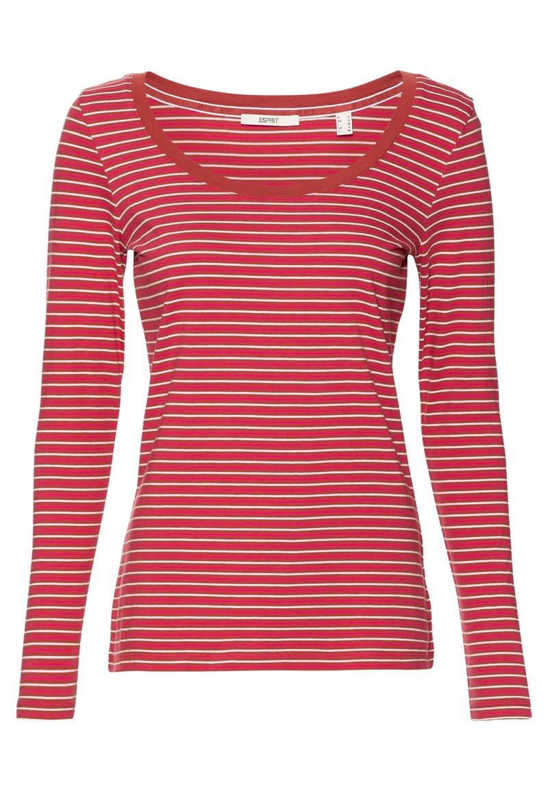 T-shirt a maniche lunghe rosso a righe con scollo ampio, caratterizzato da sottili righe orizzontali bianche e verdi e un design aderente.