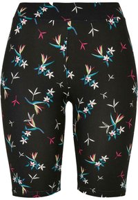 Zwarte shorts met een bloemig patroon van witte bloemen en kleurrijke bladeren. Gemaakt van rekbare stof en ontworpen met een aansluitende snit.