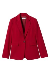 Blazer rosso con chiusura a un bottone, rever a punta, due tasche frontali e una texture di tessuto liscia.