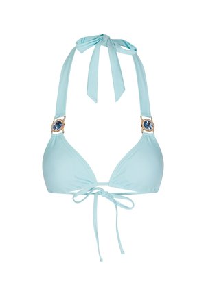Jasnoniebieski biustonosz bikini, w trójkątnym fasonie z wiązaniem na szyi i plecach. Złote elementy ozdobne z niebieskim akcentem w postaci kamienia na ramiączkach.