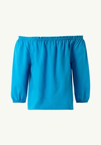 Niebieska bluzka bez ramiączek z elastycznym dekoltem, długimi bufkami i gładkiego, lekkiego materiału. Posiada marszczenia przy dekolcie.