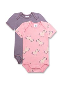 Zwei Babybodys: einer in Lila, einer in Pink mit Pferdemustern. Beide haben kurze Ärmel und Druckknöpfe im Schritt. Aus weichem Baumwollmaterial.