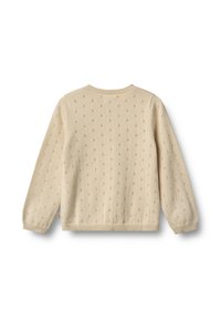 Strickpullover in Creme mit einem strukturierten Muster aus kleinen Punkten. Er hat lange Ärmel und einen runden Halsausschnitt, gefertigt aus einem weichen Stoff.