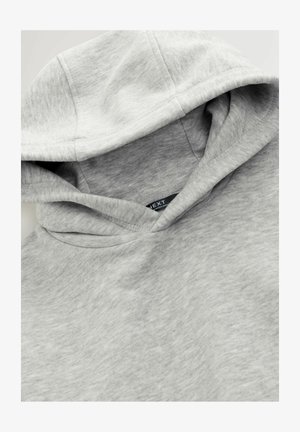 Hanorac gri, realizat dintr-un material moale și texturat, cu o glugă mare și un eticheta de marcă vizibilă. Designul este simplu, fără modele sau accente.